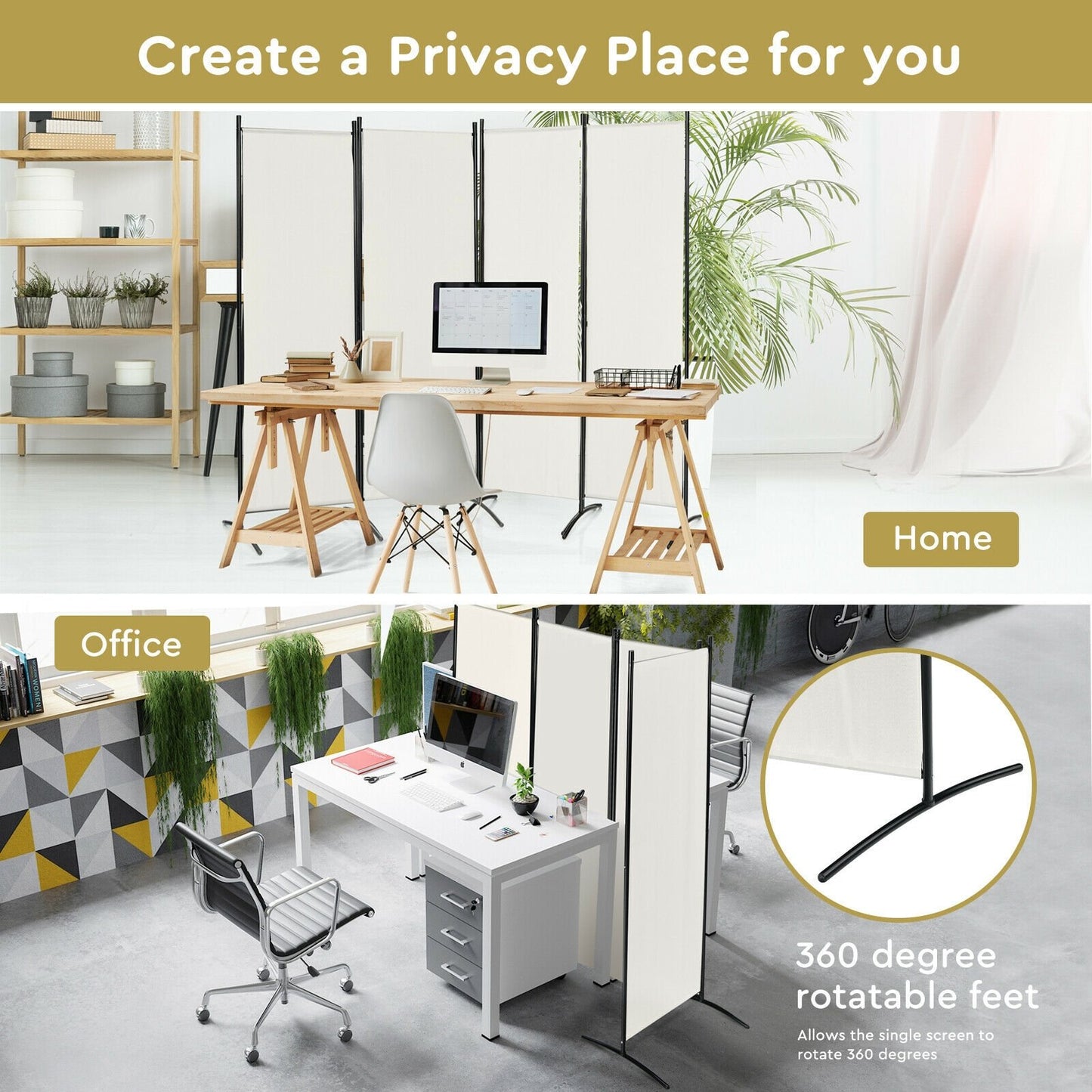 Elegant 4 Panel Folding Room Divider with Sturdy Steel Frame – White