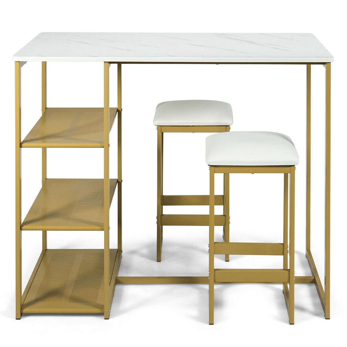 3 Piece Dining Set with Faux Marble Table and Upholstered Stools Golden