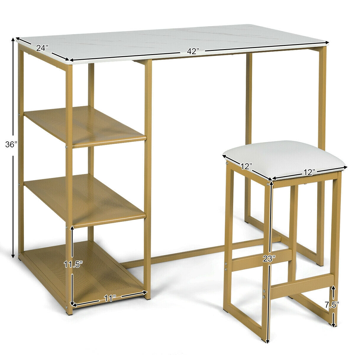 3 Piece Dining Set with Faux Marble Table and Upholstered Stools Golden