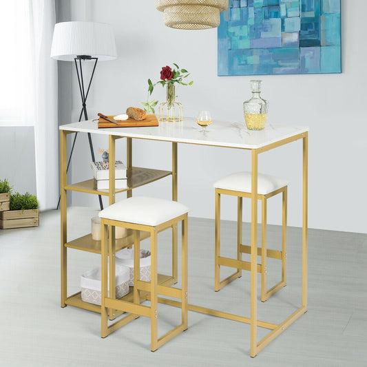 3 Piece Dining Set with Faux Marble Table and Upholstered Stools Golden