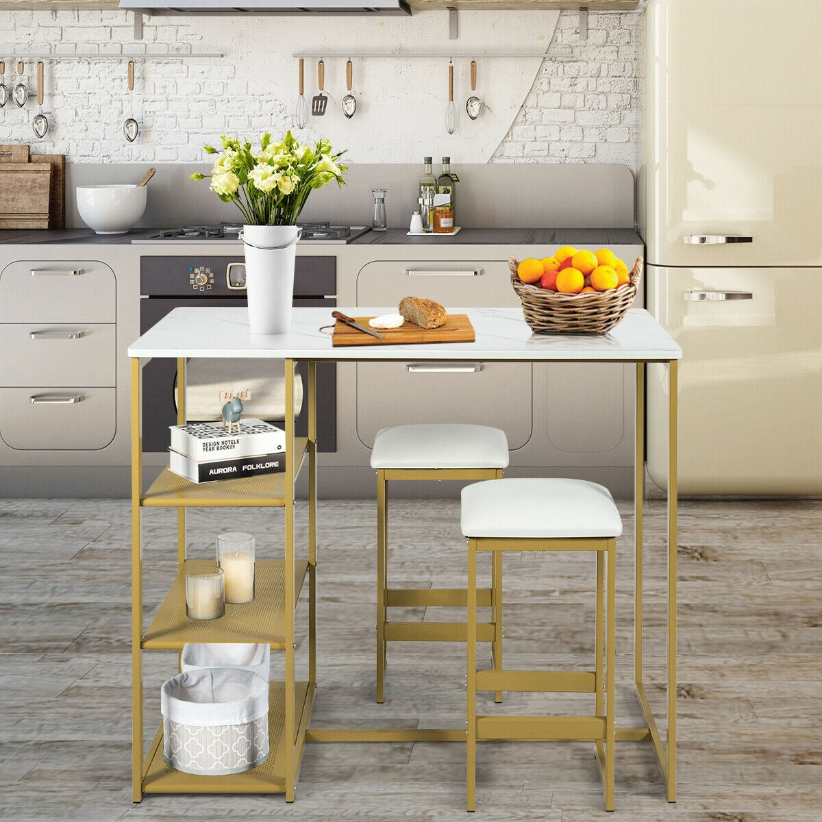 3 Piece Dining Set with Faux Marble Table and Upholstered Stools Golden