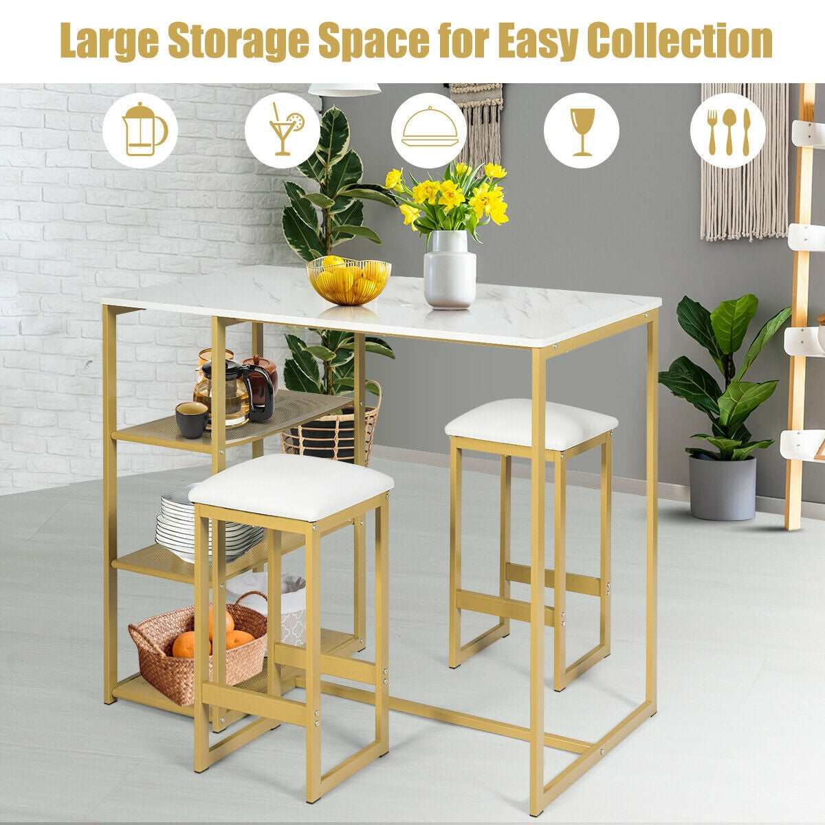3 Piece Dining Set with Faux Marble Table and Upholstered Stools Golden