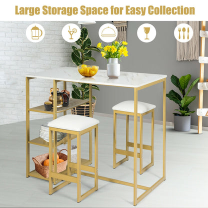 3 Piece Dining Set with Faux Marble Table and Upholstered Stools Golden