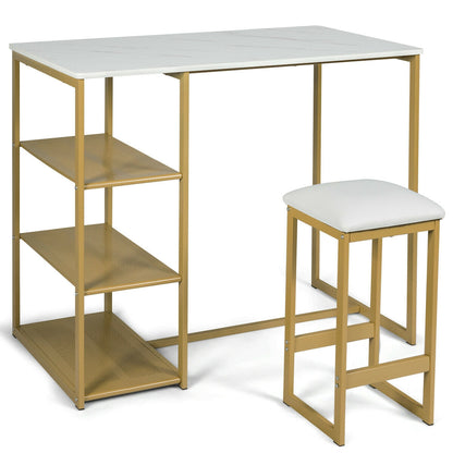 3 Piece Dining Set with Faux Marble Table and Upholstered Stools Golden
