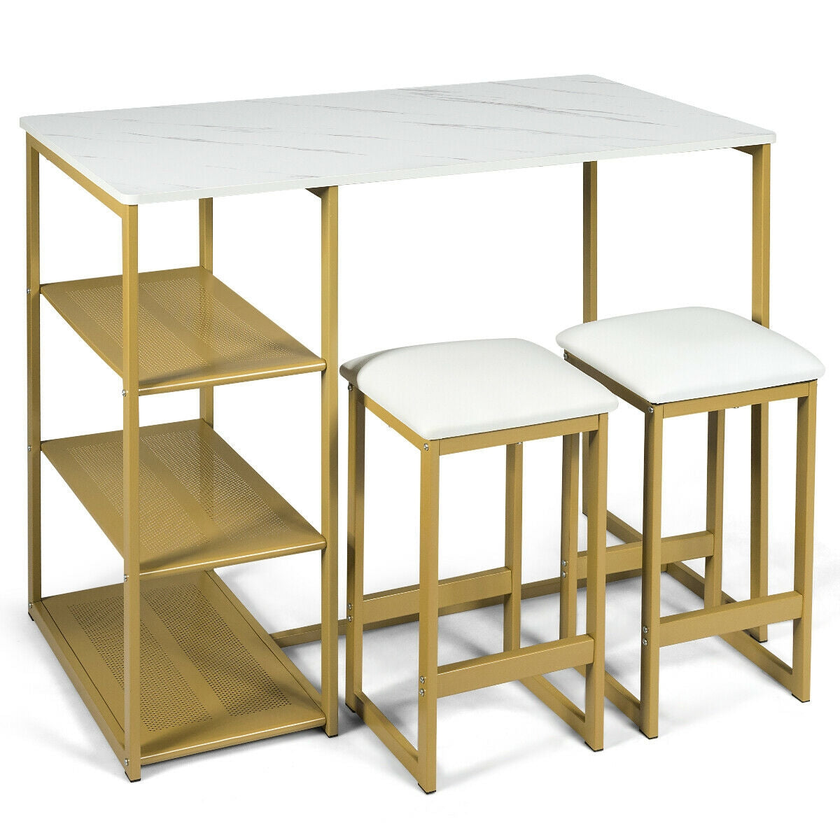 3 Piece Dining Set with Faux Marble Table and Upholstered Stools Golden