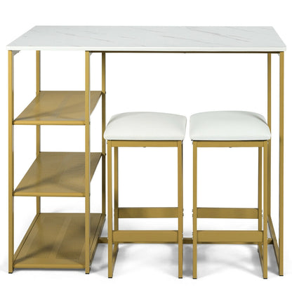 3 Piece Dining Set with Faux Marble Table and Upholstered Stools Golden