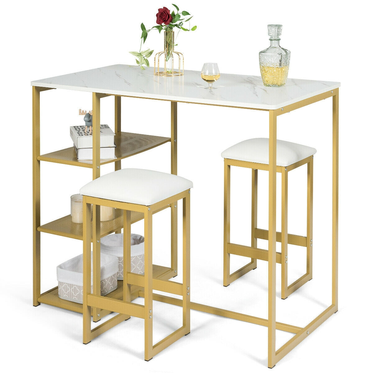 3 Piece Dining Set with Faux Marble Table and Upholstered Stools Golden