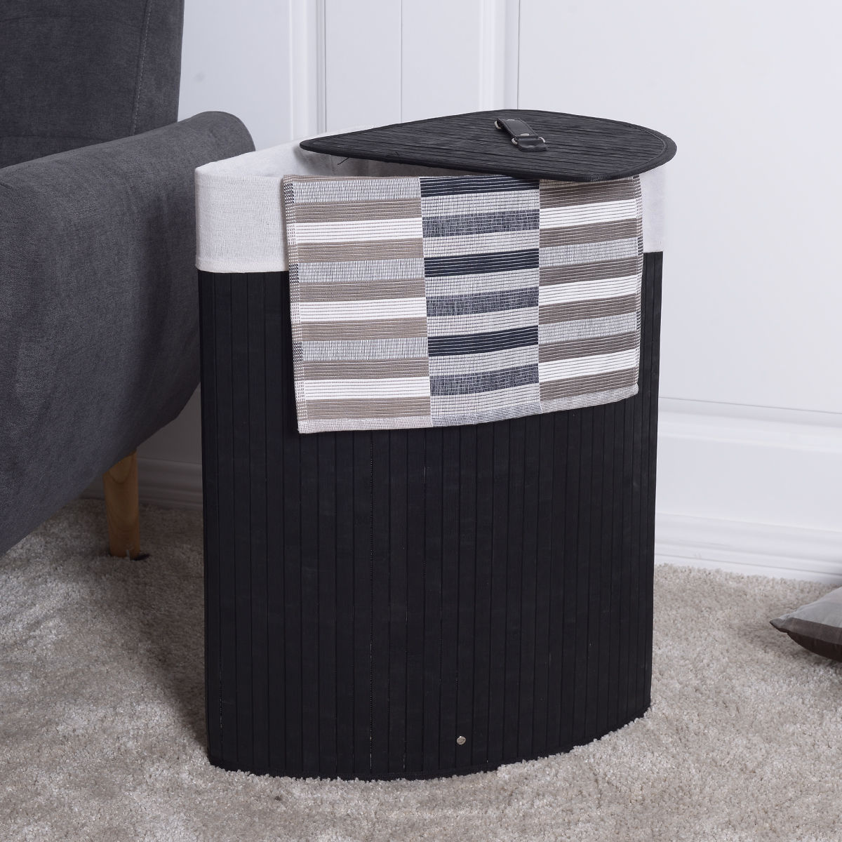 Corner Space Bamboo Laundry Basket with PU Leather Handles