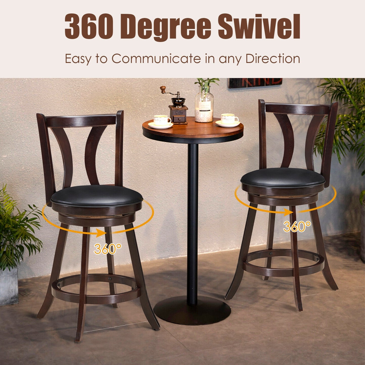 Set of 2 24 Inch Swivel Bar Stools with PU Leather Seats and Solid Rubber Wood Legs