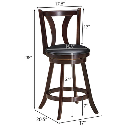 Set of 2 24 Inch Swivel Bar Stools with PU Leather Seats and Solid Rubber Wood Legs