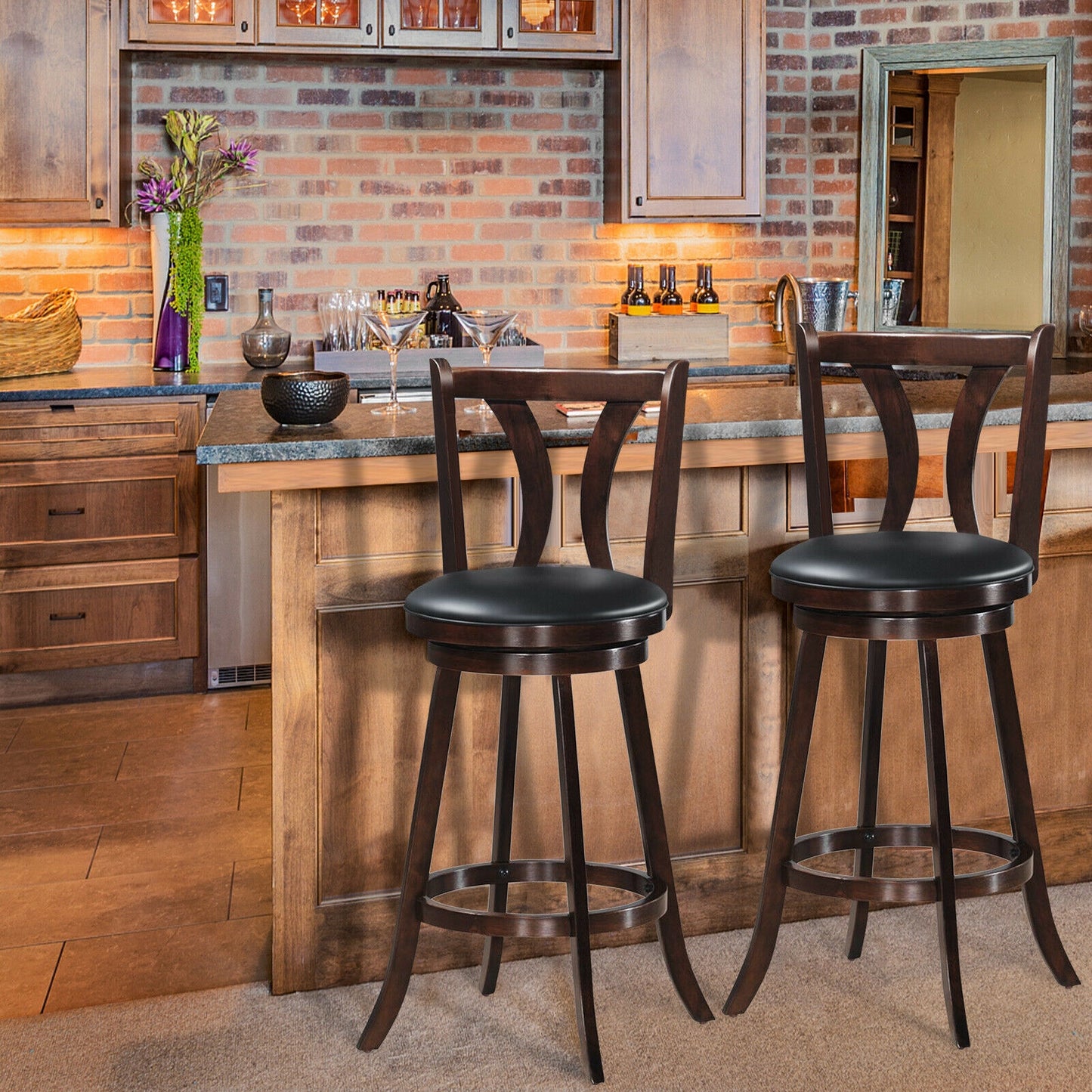Set of 2 29.5 Inch Swivel Bar Stools with PU Leather Seats and Solid Rubber Wood Legs
