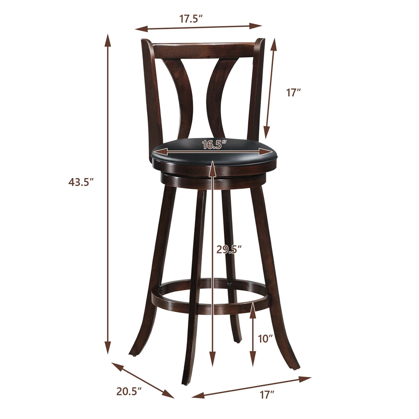 Set of 2 29.5 Inch Swivel Bar Stools with PU Leather Seats and Solid Rubber Wood Legs