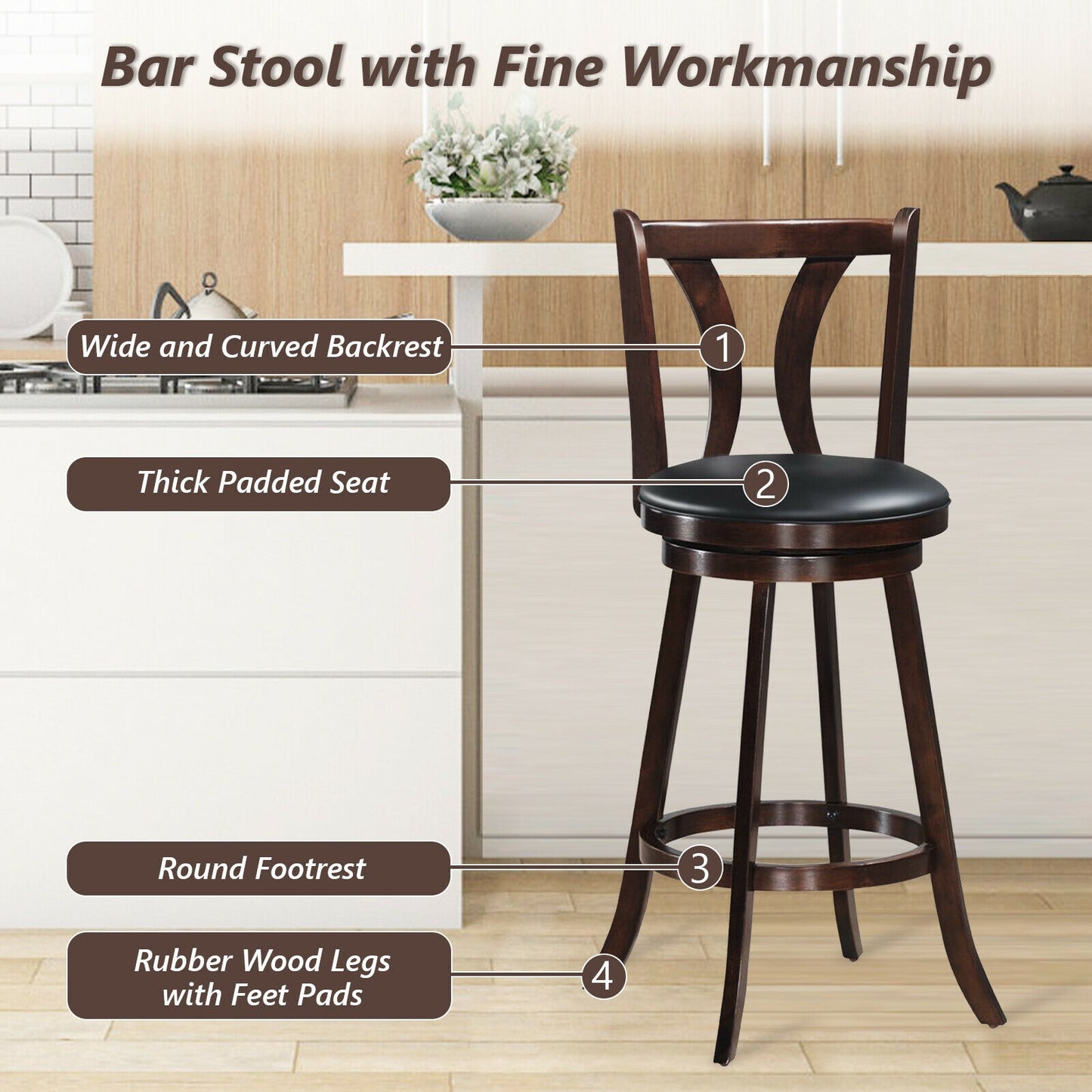 Set of 2 29.5 Inch Swivel Bar Stools with PU Leather Seats and Solid Rubber Wood Legs