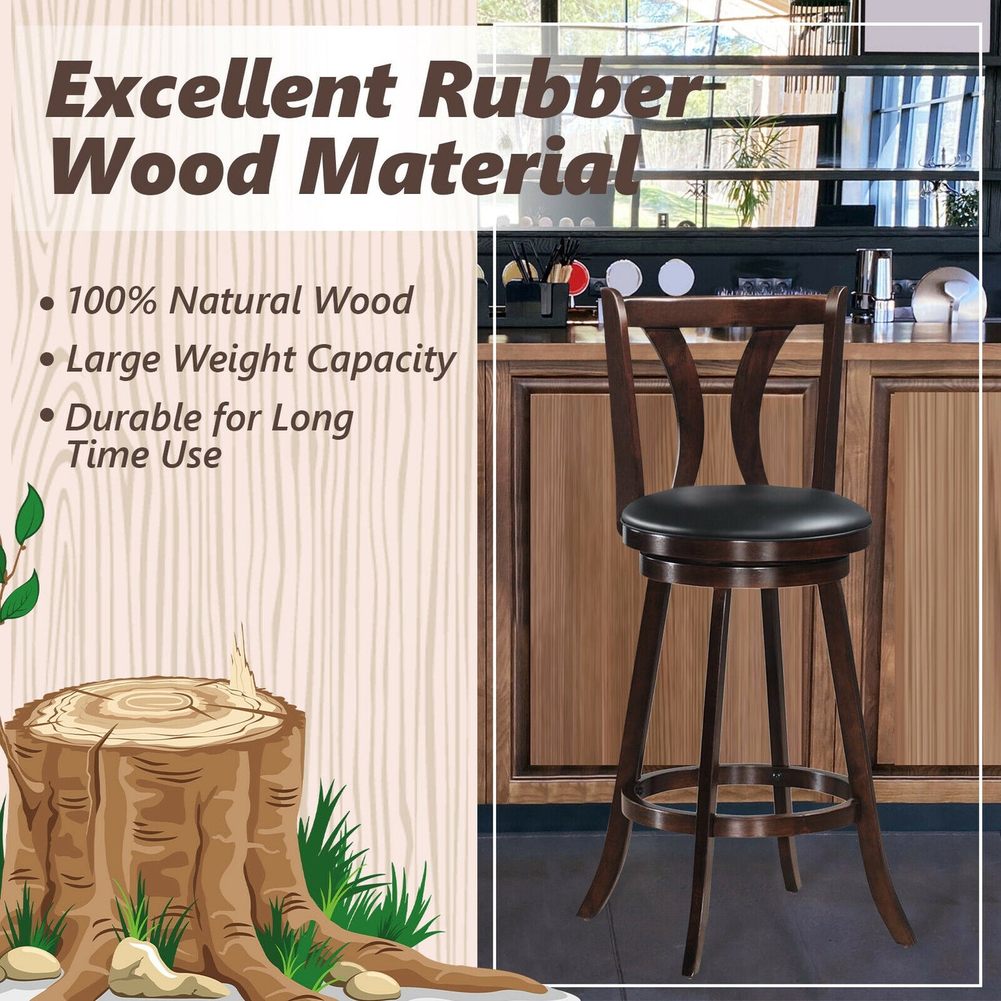 Set of 2 29.5 Inch Swivel Bar Stools with PU Leather Seats and Solid Rubber Wood Legs
