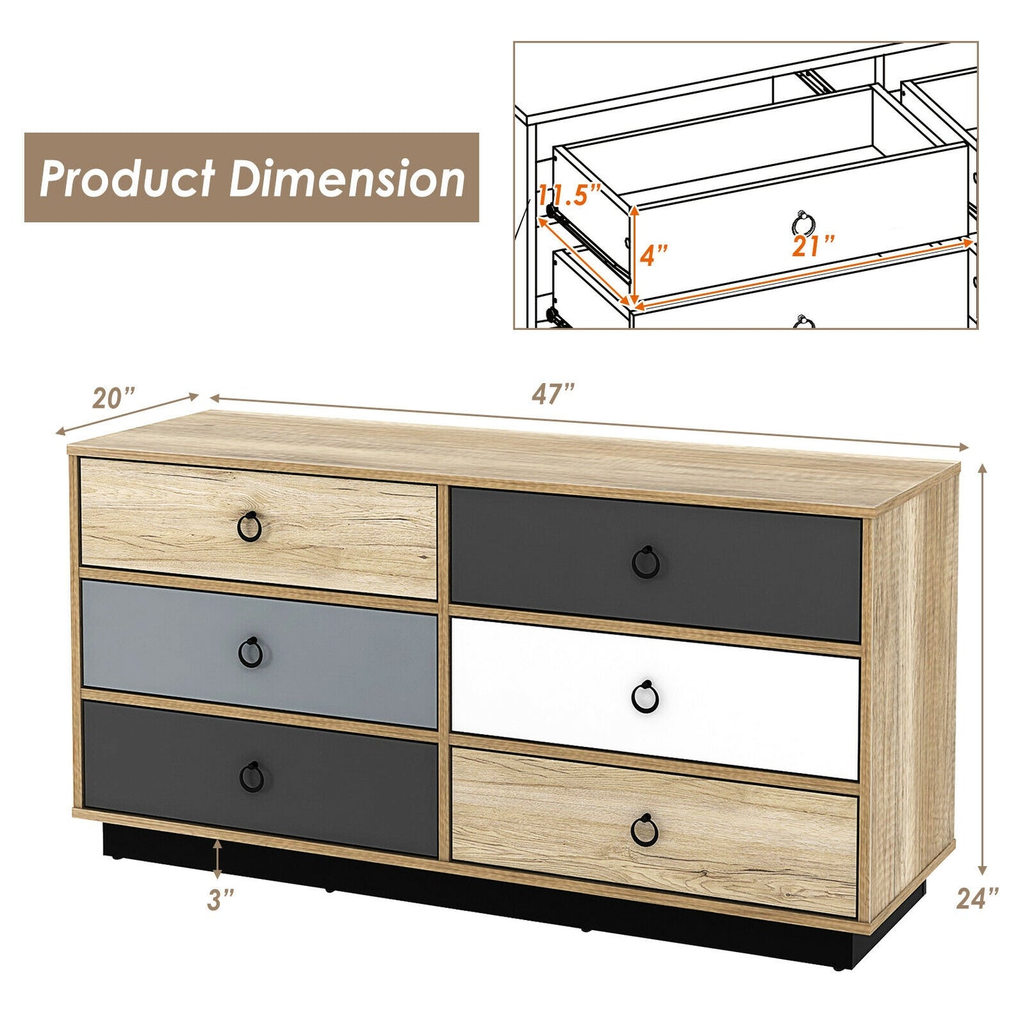 Modern 6 Drawer Double Dresser Storage Cabinet with Wide Top, Wood Organizer for Bedroom and Entryway