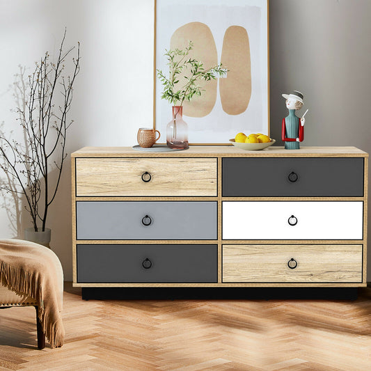 Modern 6 Drawer Double Dresser Storage Cabinet with Wide Top, Wood Organizer for Bedroom and Entryway