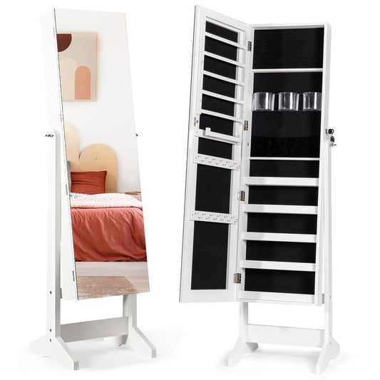 Freestanding Jewelry Armoire with Full-Length Mirror and Lockable Storage Organizer – White