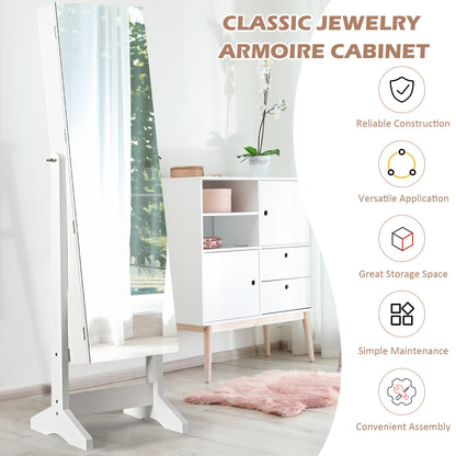 Freestanding Jewelry Armoire with Full-Length Mirror and Lockable Storage Organizer – White