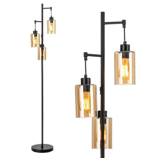 3 Head Retro Floor Lamp with Elegant Amber Glass Shades