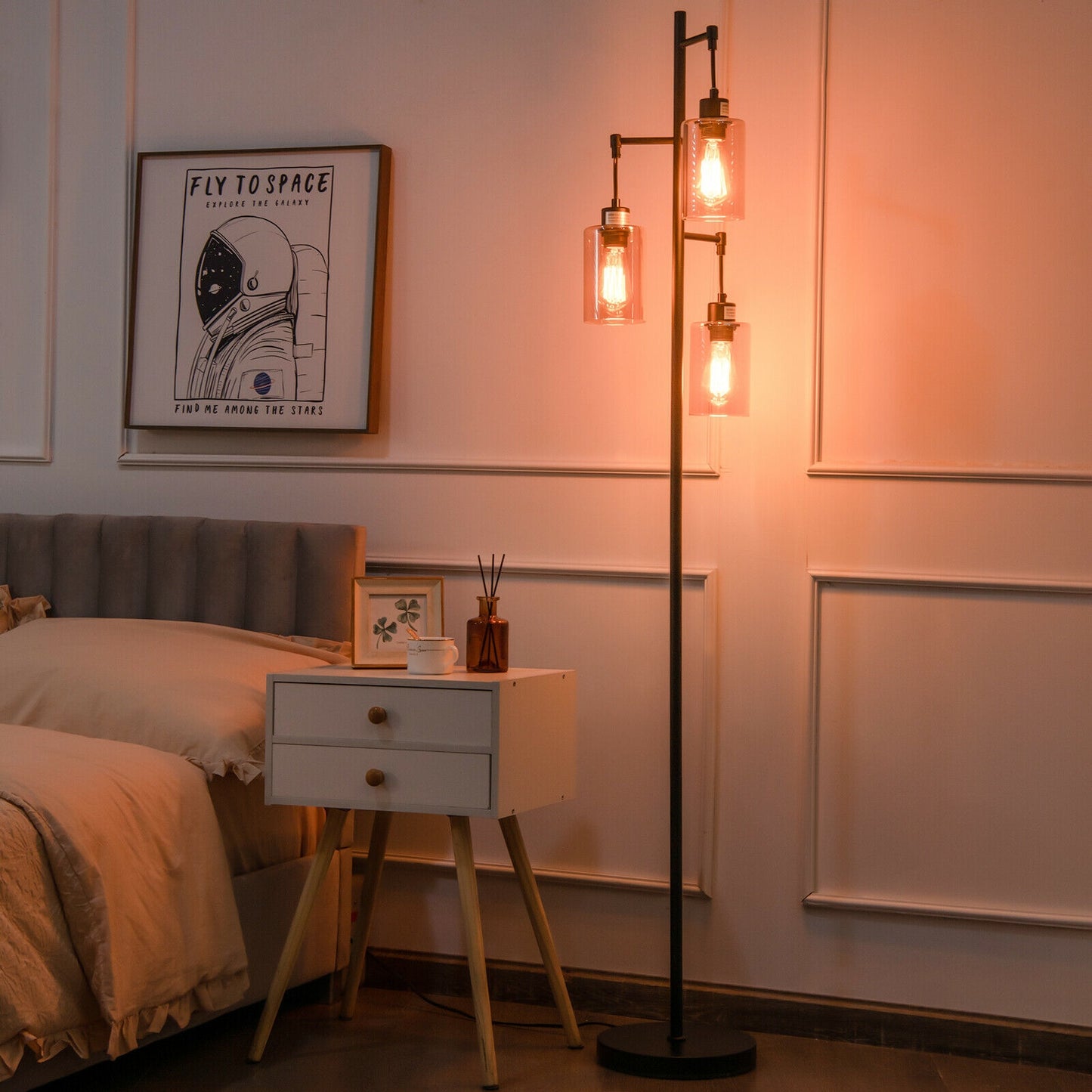 3 Head Retro Floor Lamp with Elegant Amber Glass Shades