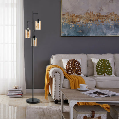 3 Head Retro Floor Lamp with Elegant Amber Glass Shades