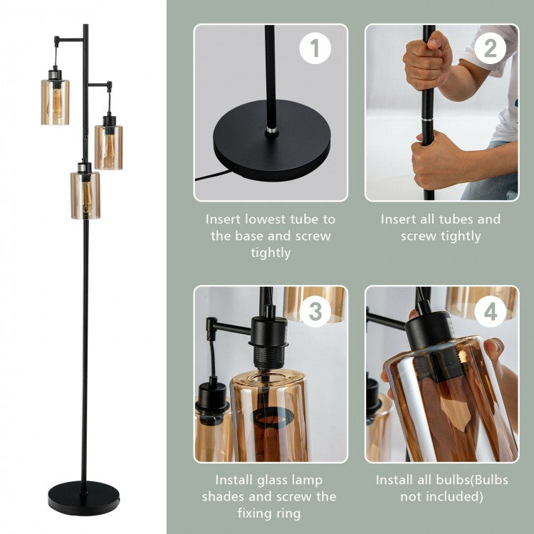 3 Head Retro Floor Lamp with Elegant Amber Glass Shades
