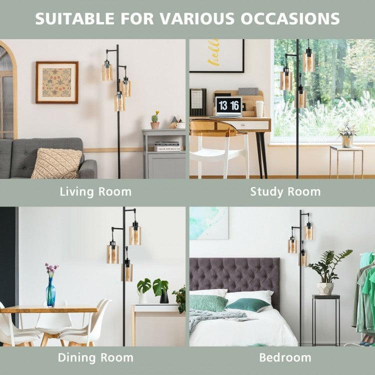 3 Head Retro Floor Lamp with Elegant Amber Glass Shades
