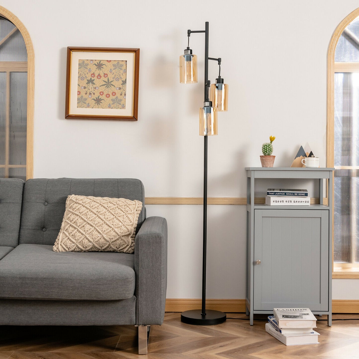 3 Head Retro Floor Lamp with Elegant Amber Glass Shades