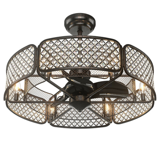 30 Inch Caged Ceiling Fan with Crystal Lampshade, 6-Light Bases & Remote Control – Coffee