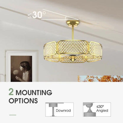 30 Inch Caged Ceiling Fan with Crystal Lampshade, 6-Light Bases & Remote Control – Golden