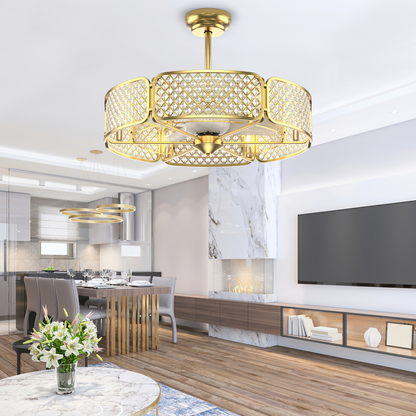 30 Inch Caged Ceiling Fan with Crystal Lampshade, 6-Light Bases & Remote Control – Golden