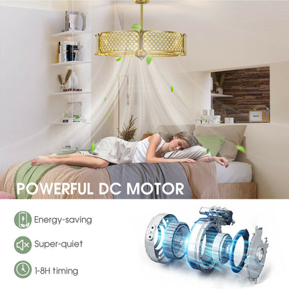 30 Inch Caged Ceiling Fan with Crystal Lampshade, 6-Light Bases & Remote Control – Golden
