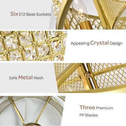 30 Inch Caged Ceiling Fan with Crystal Lampshade, 6-Light Bases & Remote Control – Golden