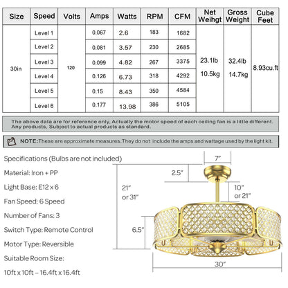 30 Inch Caged Ceiling Fan with Crystal Lampshade, 6-Light Bases & Remote Control – Golden