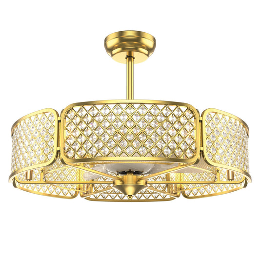 30 Inch Caged Ceiling Fan with Crystal Lampshade, 6-Light Bases & Remote Control – Golden
