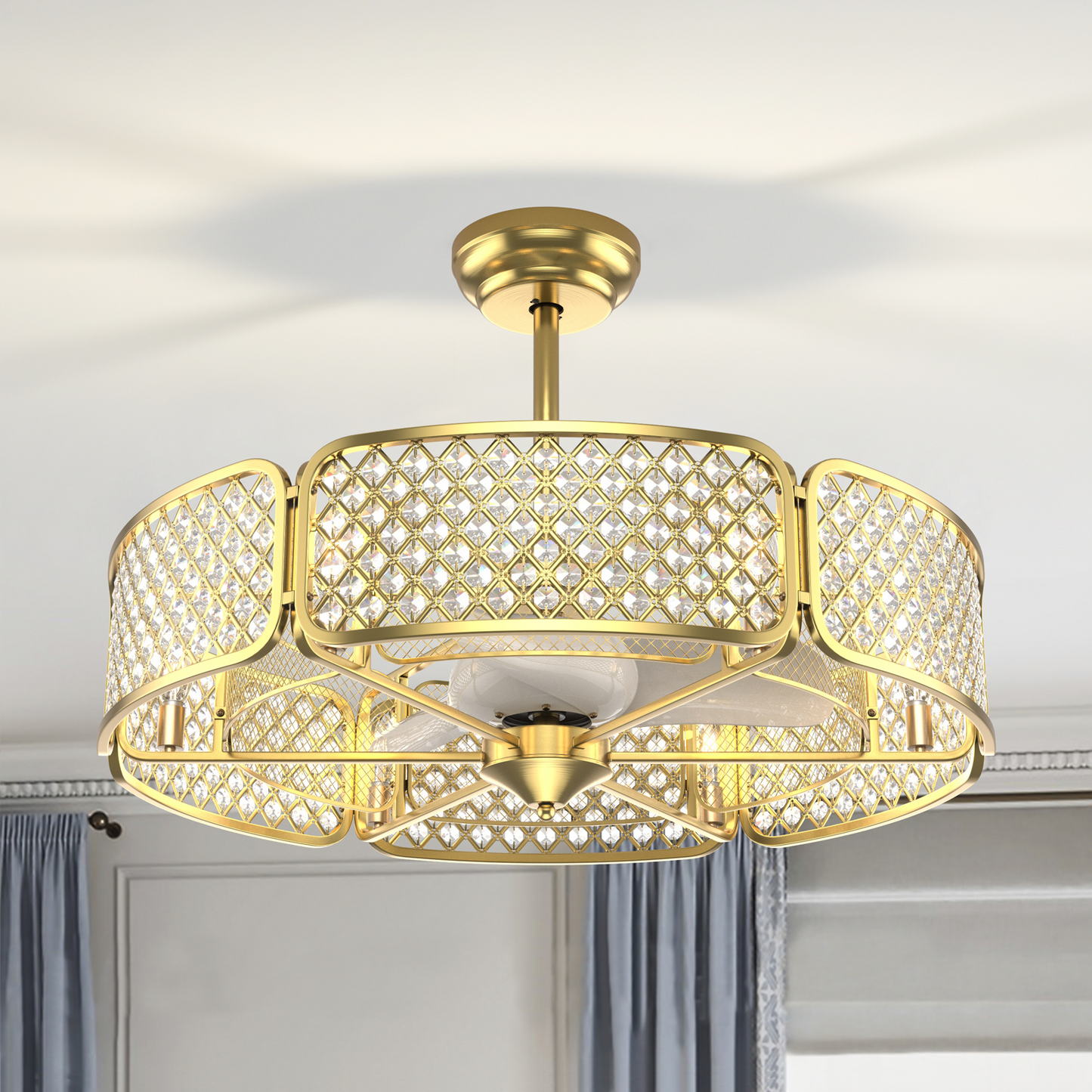 30 Inch Caged Ceiling Fan with Crystal Lampshade, 6-Light Bases & Remote Control – Golden