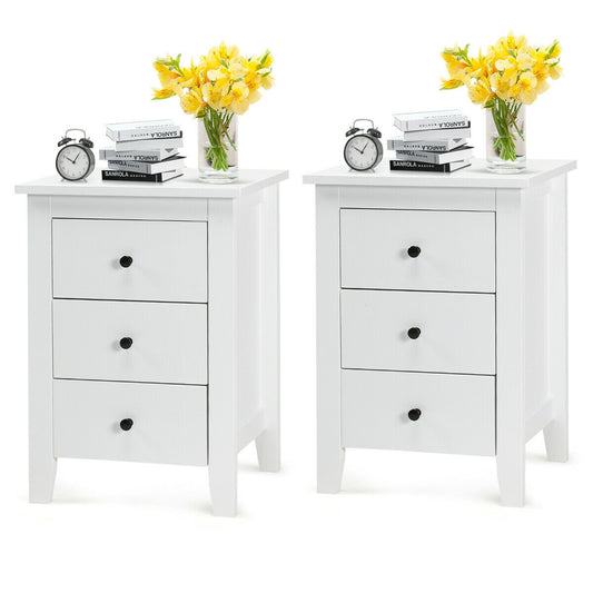 Set of 2 Nightstands with 3 Drawers Modern Bedside End Tables White