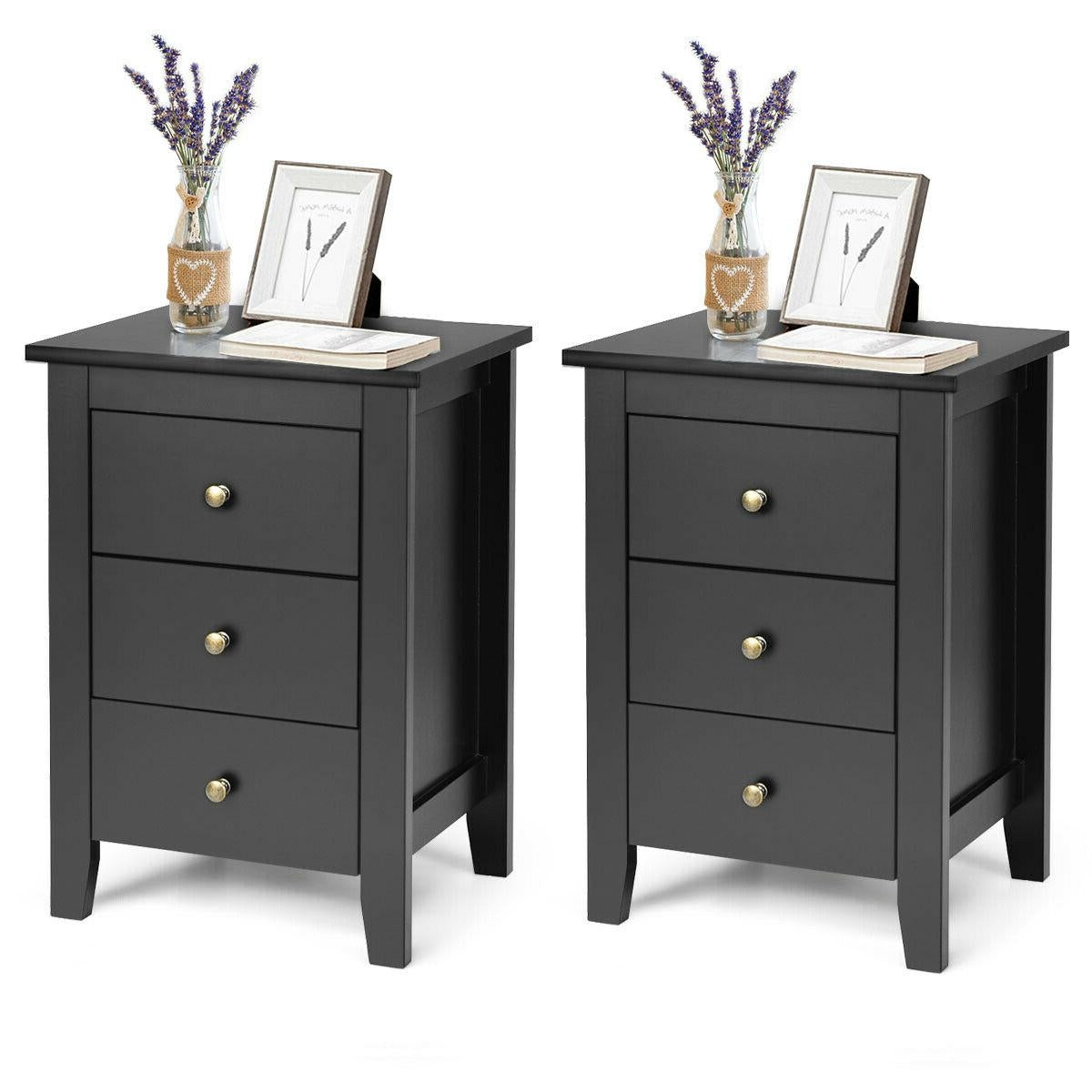 Set of 2 Nightstands with 3 Drawers Modern Bedside End Tables Black