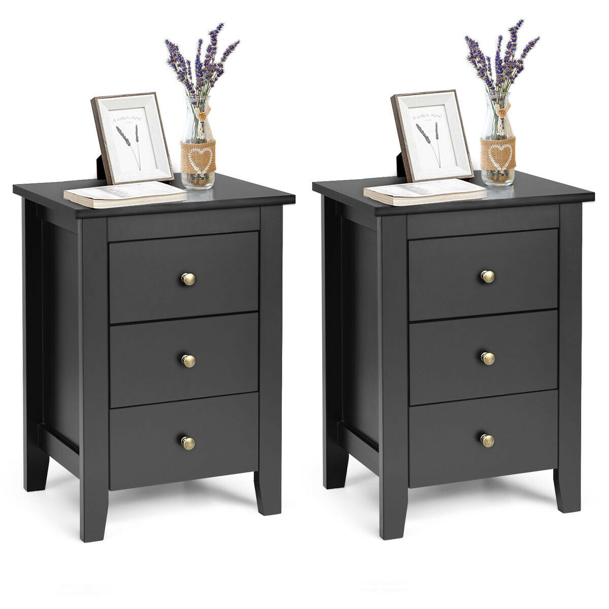Set of 2 Nightstands with 3 Drawers Modern Bedside End Tables Black