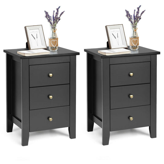 Set of 2 Nightstands with 3 Drawers Modern Bedside End Tables Black