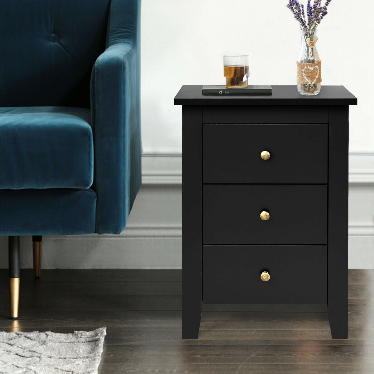 Set of 2 Nightstands with 3 Drawers Modern Bedside End Tables Black