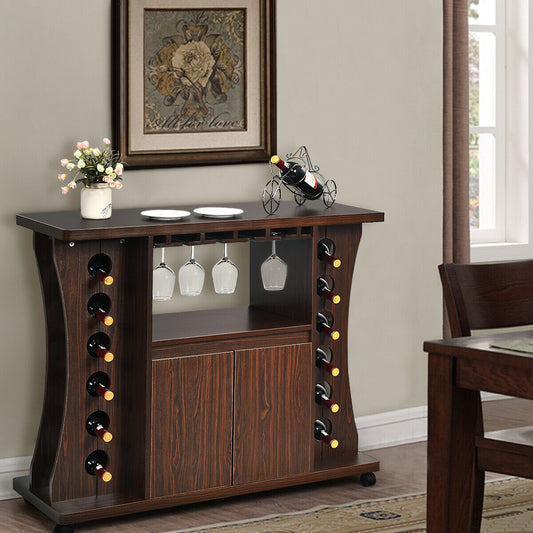 Mobile Wooden Buffet Sideboard with Wine Storage and Cabinet on Wheels