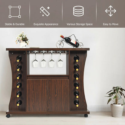 Mobile Wooden Buffet Sideboard with Wine Storage and Cabinet on Wheels