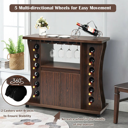 Mobile Wooden Buffet Sideboard with Wine Storage and Cabinet on Wheels