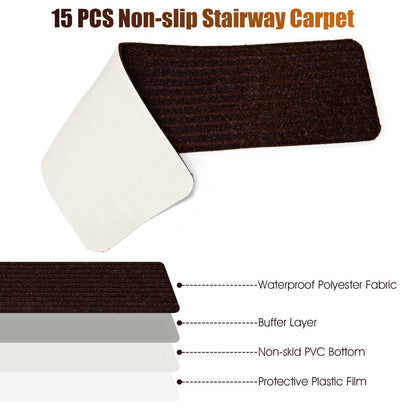 15 Pcs 30 x 8 Inch Slip-Resistant Stair Treads in Brown – Soft and Durable Carpet Mats