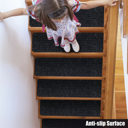 15 Pcs 30 x 8 Inch Slip-Resistant Stair Treads in Black – Soft and Durable Carpet Mats
