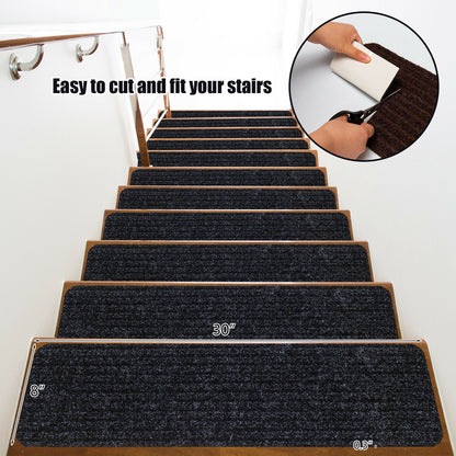 15 Pcs 30 x 8 Inch Slip-Resistant Stair Treads in Black – Soft and Durable Carpet Mats