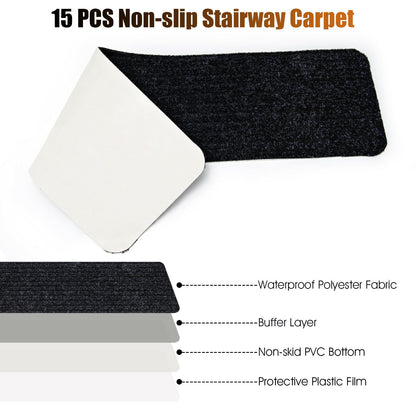 15 Pcs 30 x 8 Inch Slip-Resistant Stair Treads in Black – Soft and Durable Carpet Mats