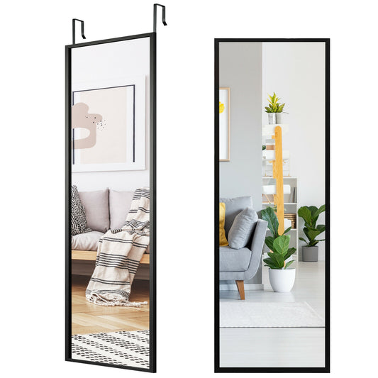 42.5 Inch Full Length Metal Mirror with Adjustable Hooks for Wall or Door Mounting - Black