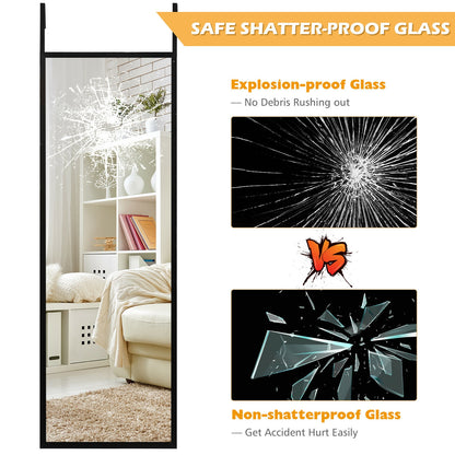 42.5 Inch Full Length Metal Mirror with Adjustable Hooks for Wall or Door Mounting - Black
